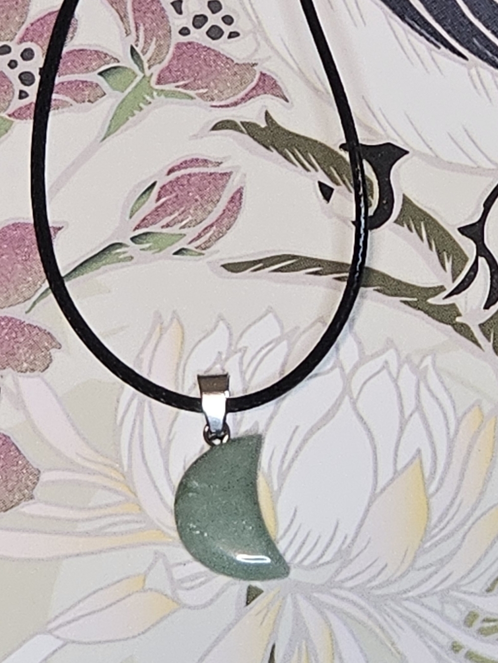 Green Crescent Pendant Necklace on Black Cord